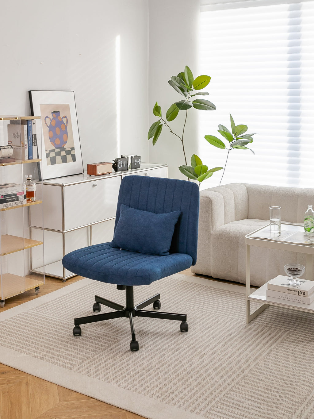 Swivel Office Chair Linen Blue Criss Cross Memory Foam 360 Degree 25.2 In