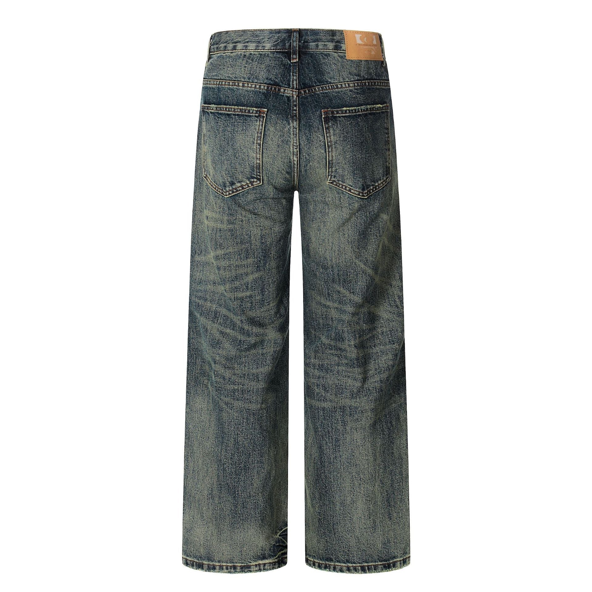 Water-Washed Faded Loose Fit Wide-Leg Floor-Length Casual Trousers