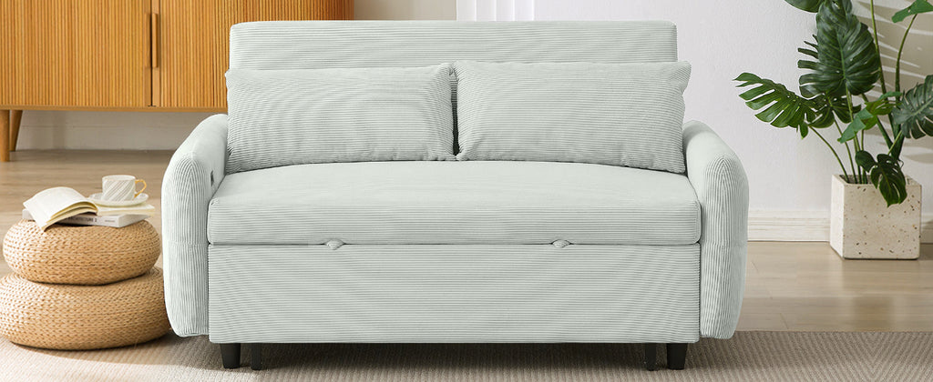 Modern Convertible Pull-out Sofa Bed Loveseat with USB Ports, Light Grey-Green Corduroy, 57.48 Inches