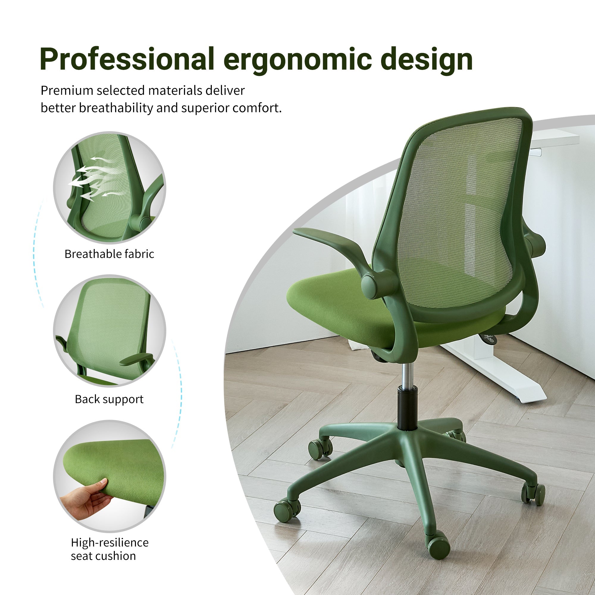 Ergonomic Office Chair Mesh High-Back Green 350 LB Flip-Up Arms Swivel