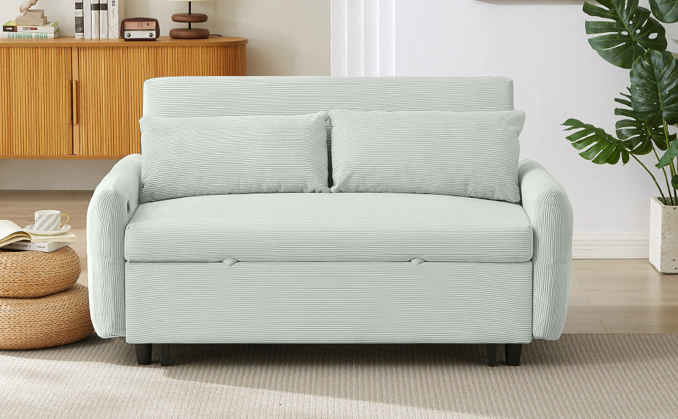 Modern Convertible Pull-out Sofa Bed Loveseat with USB Ports, Light Grey-Green Corduroy, 57.48 Inches