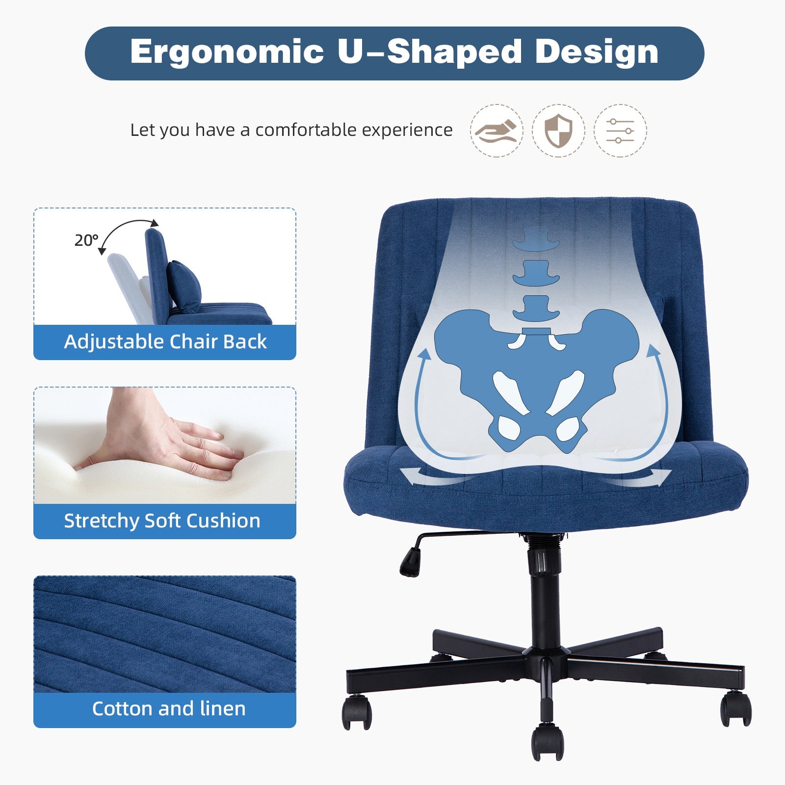 Swivel Office Chair Linen Blue Criss Cross Memory Foam 360 Degree 25.2 In
