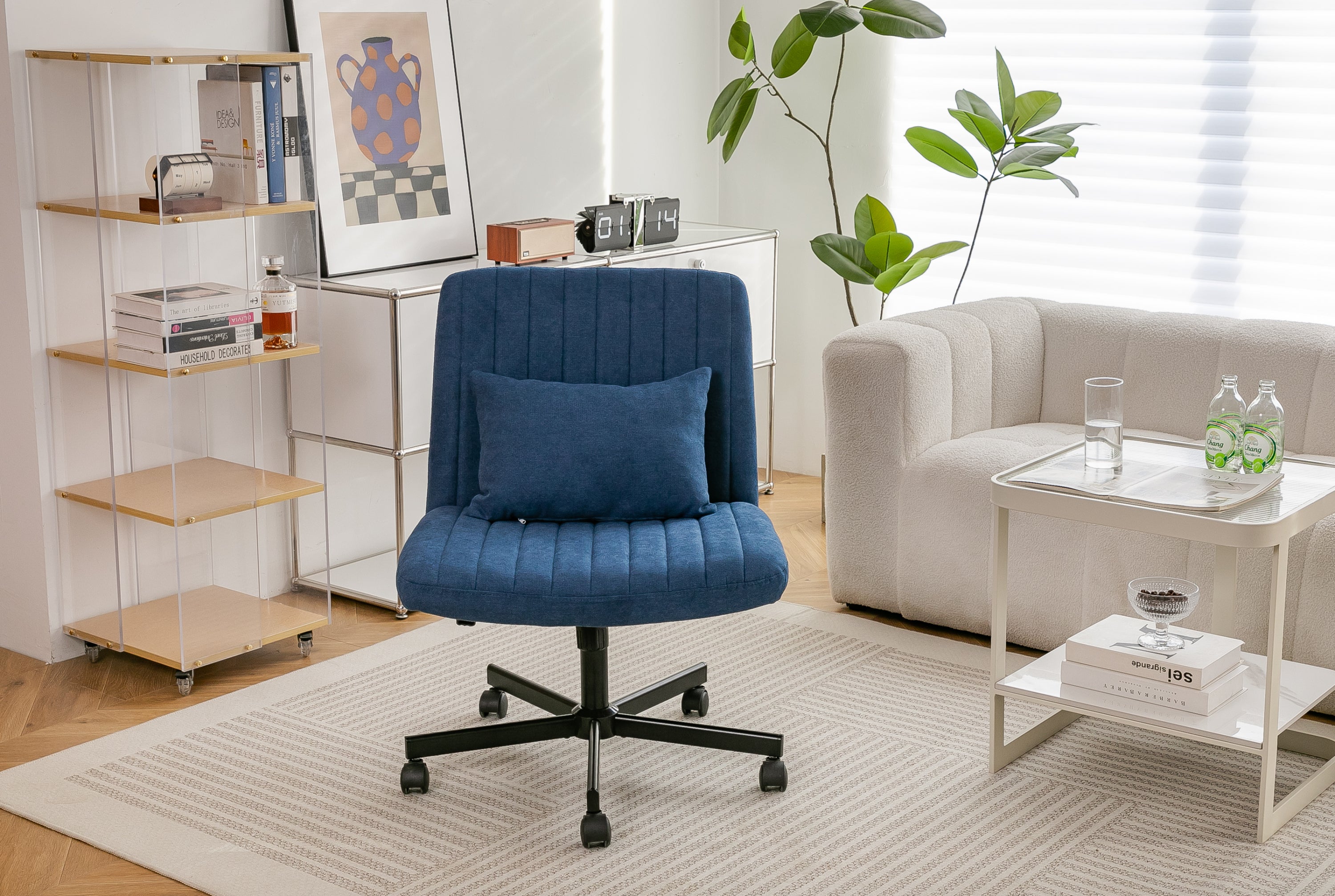 Swivel Office Chair Linen Blue Criss Cross Memory Foam 360 Degree 25.2 In
