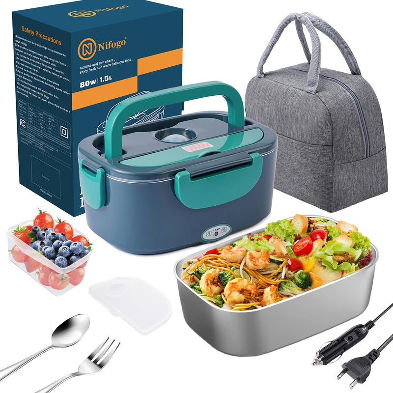 Electric Lunch Box 80W 1.5L Stainless Steel Bento Warmer with Indicator Light & Portable Tableware Set for Home Office Travel Food Quick Storage Fork 80W/1.5L/Black