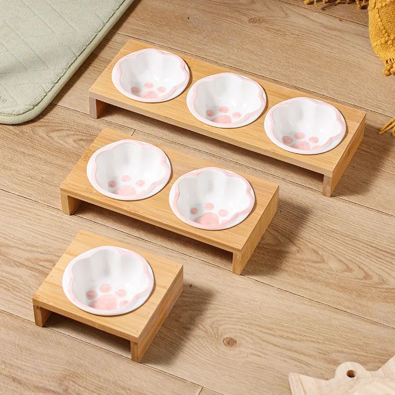 Pet Supplies Bamboo Frame Hand Colored Ceramic Protection For Cervical Vertebrae Eating Drinking Samll Cat And Dog Bowls