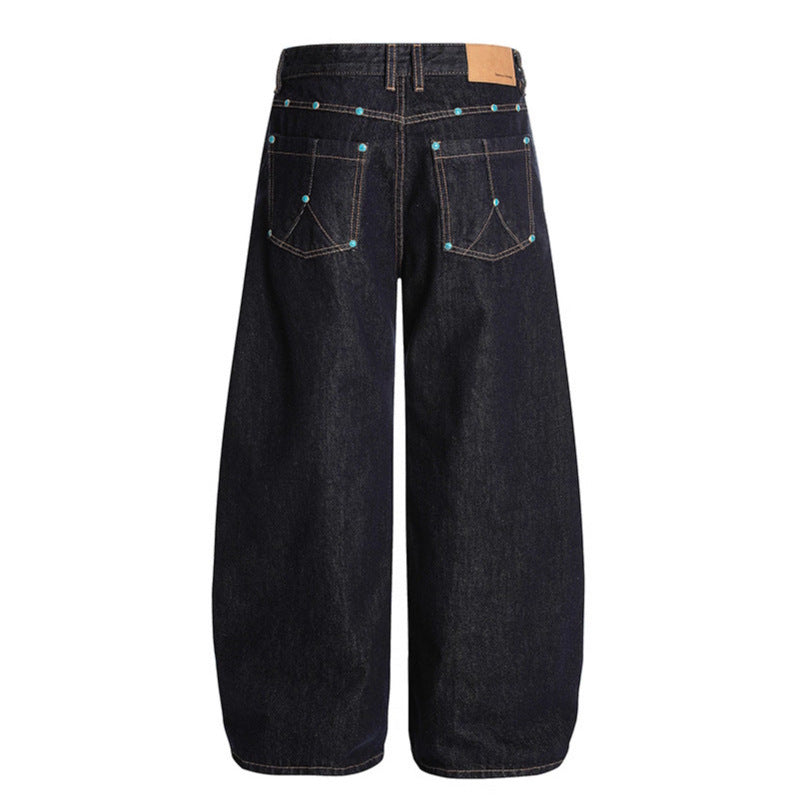 Turquoise Buckle Decoration Original Cow Solid Color Jeans