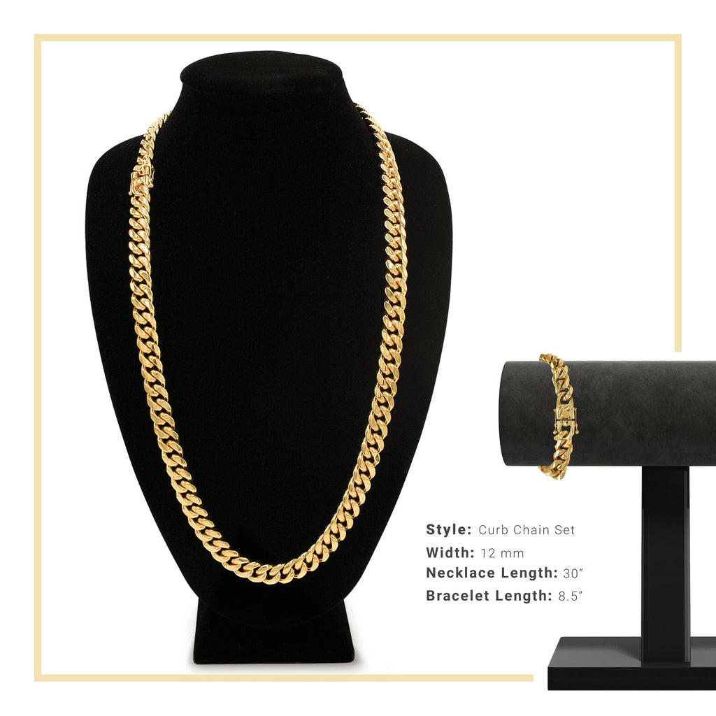 Cuban Link 14K Gold Plated Necklace 30" Bracelet 8.5" Set For Men