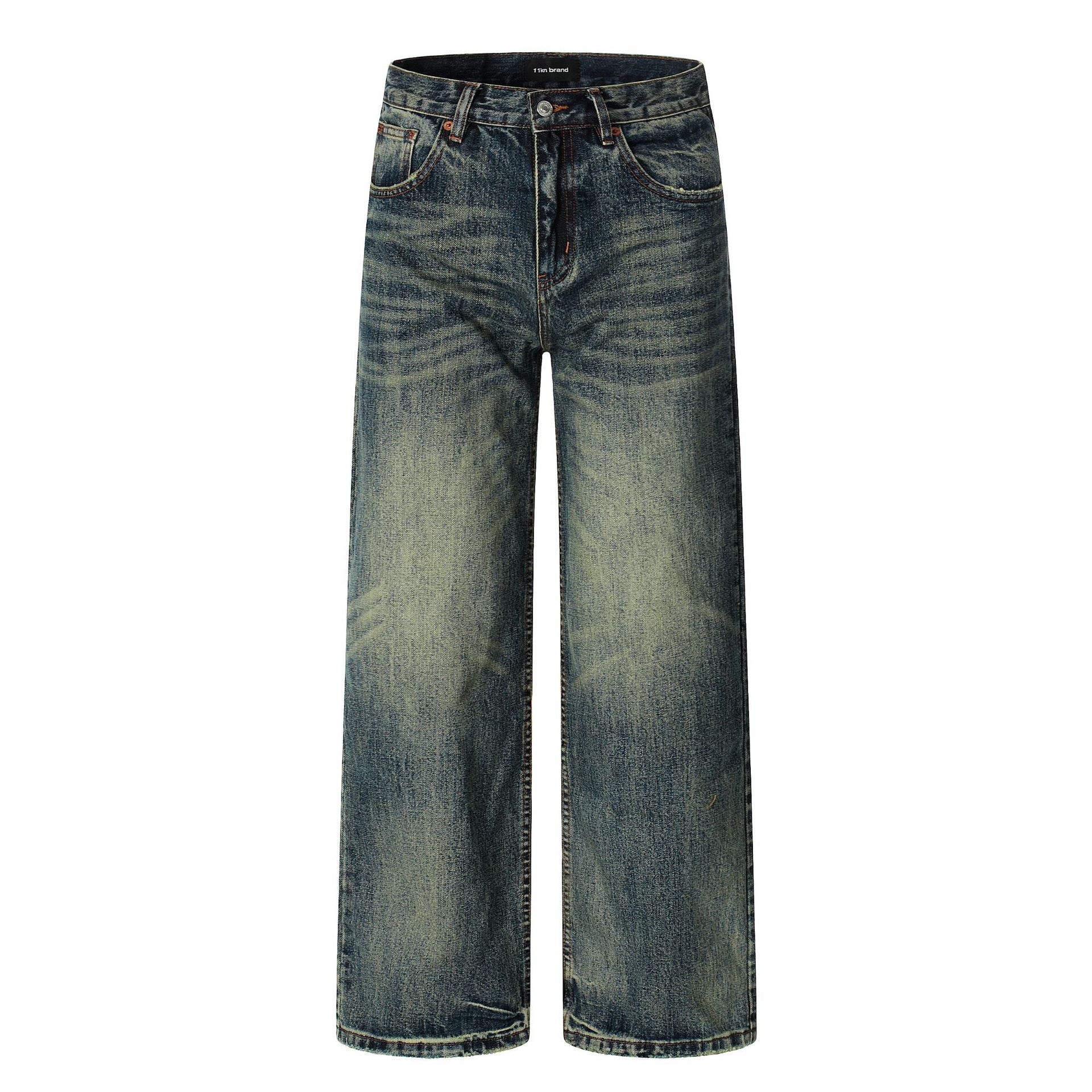 Water-Washed Faded Loose Fit Wide-Leg Floor-Length Casual Trousers