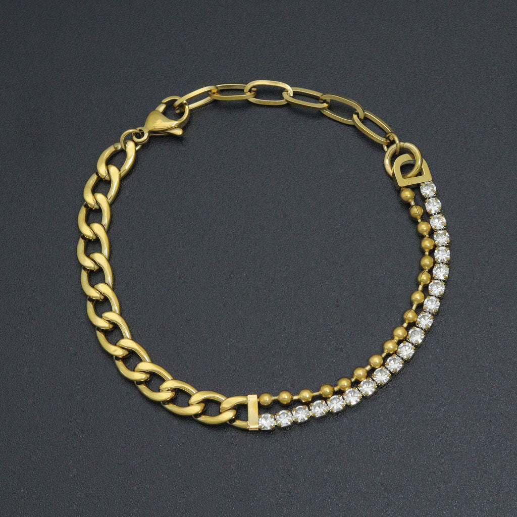 Stainless Steel Gold Cuban Link Chain CZ Ball chain Adjustable Bracelet, Sku#BXG22