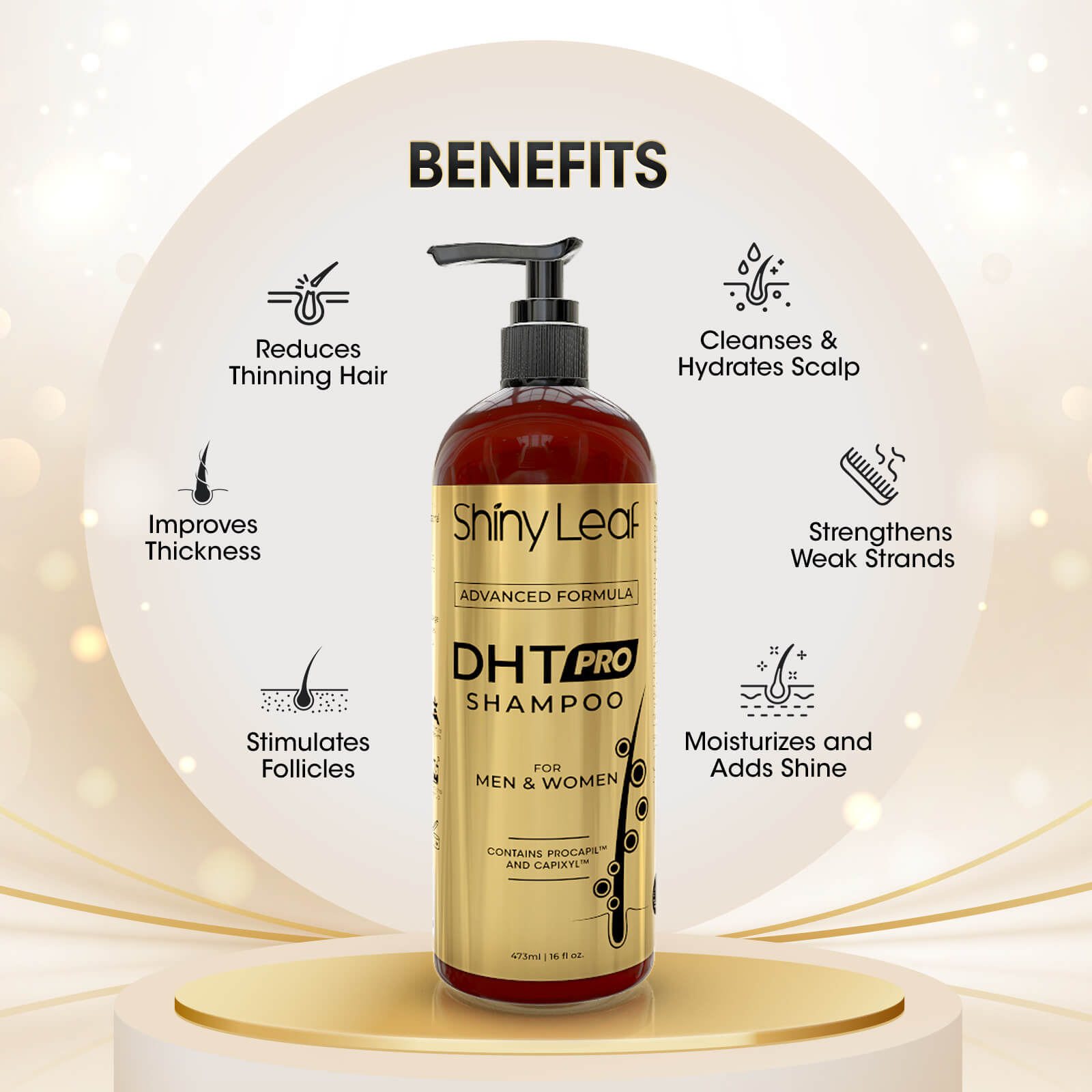 DHT Pro Shampoo with Procapil and Capixyl for Anti-Hair Loss 16 oz Shiny Leaf