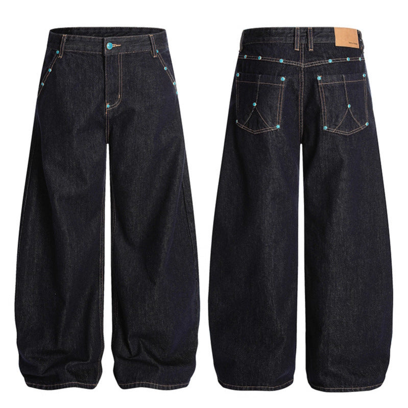 Turquoise Buckle Decoration Original Cow Solid Color Jeans