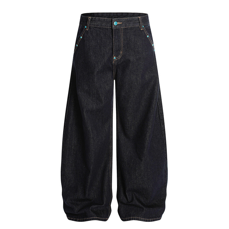 Turquoise Buckle Decoration Original Cow Solid Color Jeans