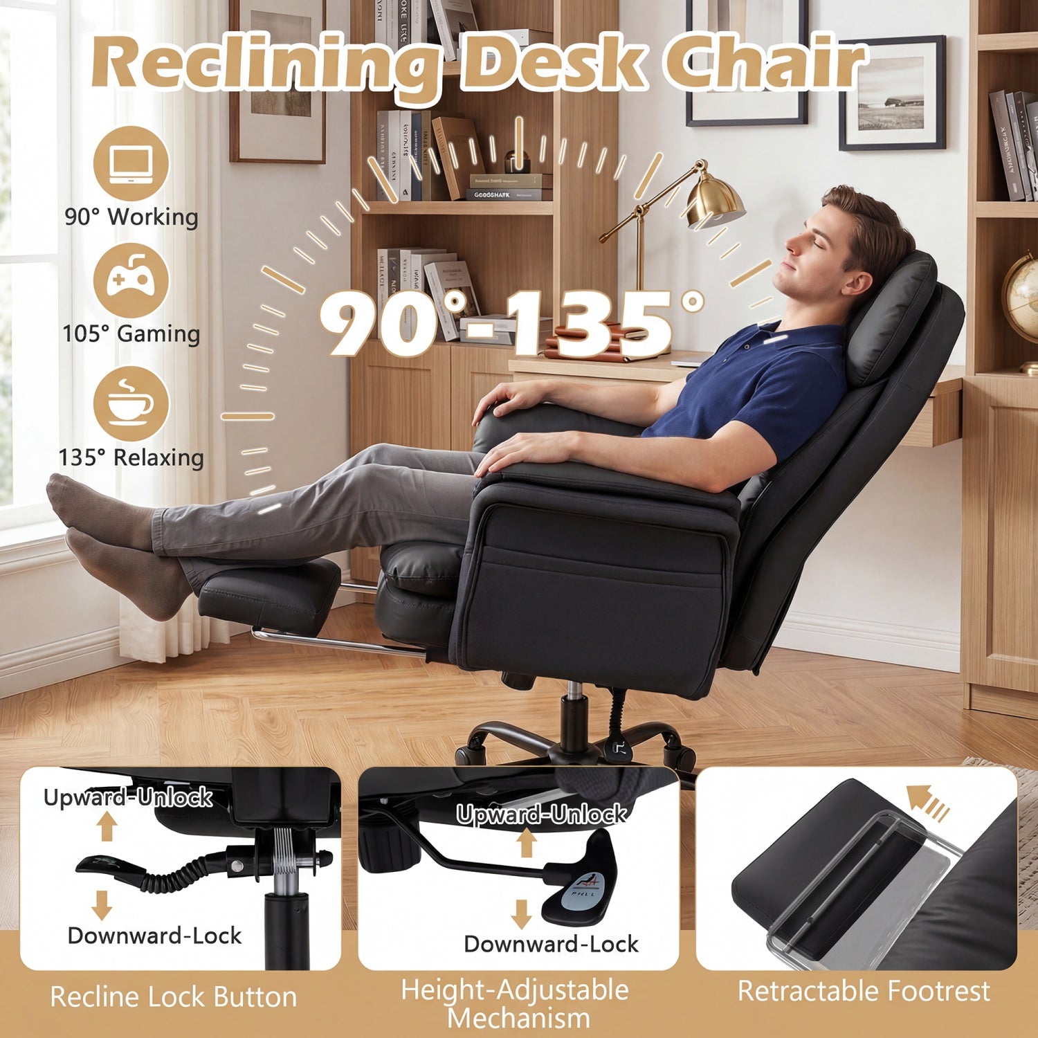 Big and Tall Office Chair with Retractable Footrest 500 lbs