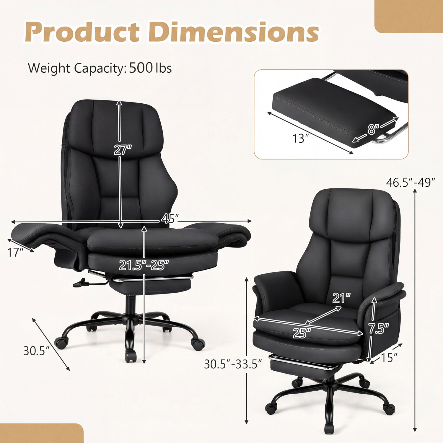 Big and Tall Office Chair with Retractable Footrest 500 lbs