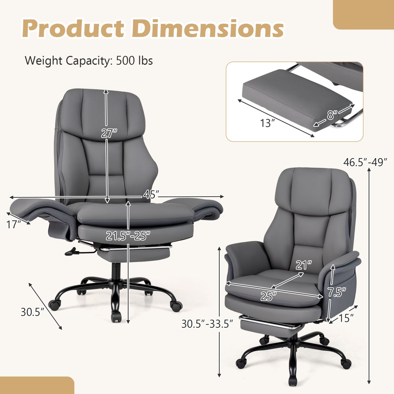 Big and Tall Office Chair with Retractable Footrest 500 lbs