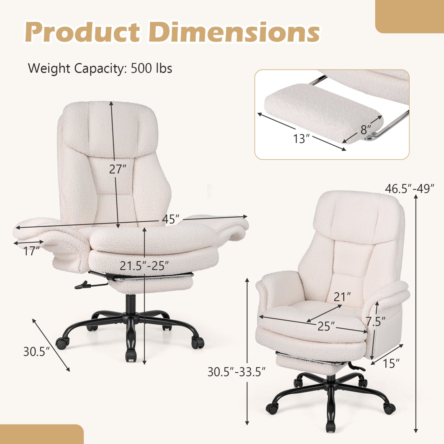 Big and Tall Office Chair with Retractable Footrest 500 lbs