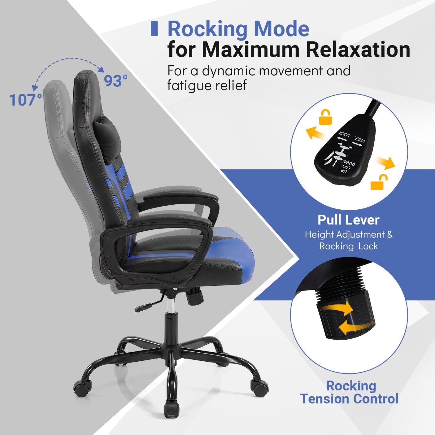 Ergonomic Gaming Chair with Removable Head Pillow & Rocking