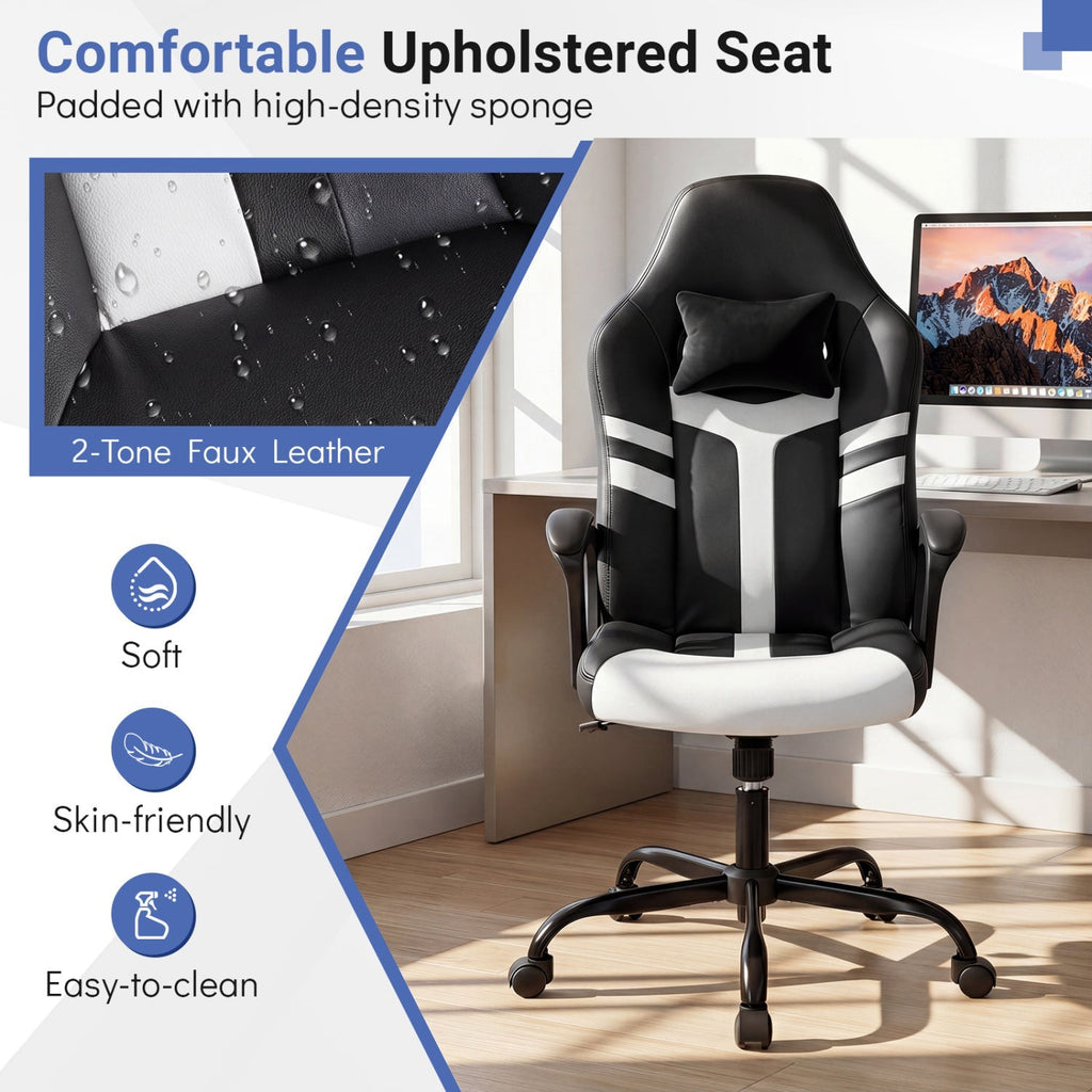 Ergonomic Gaming Chair with Removable Head Pillow & Rocking