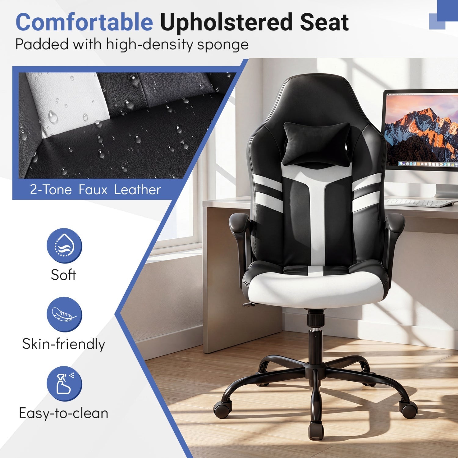 Ergonomic Gaming Chair with Removable Head Pillow & Rocking