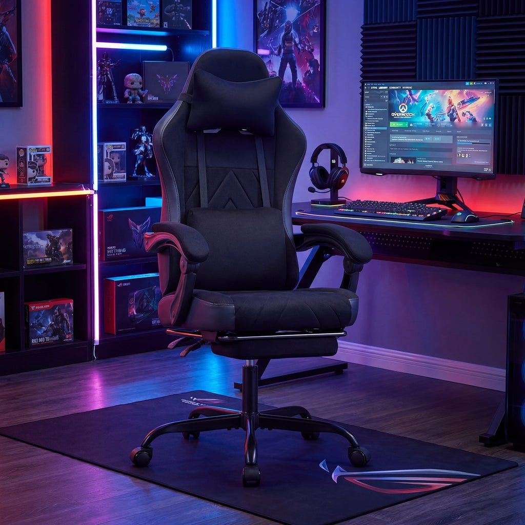 Gaming Chair Height Adjustable Computer Chair with Headrest Lumbar Support Linkage Armrests-Black