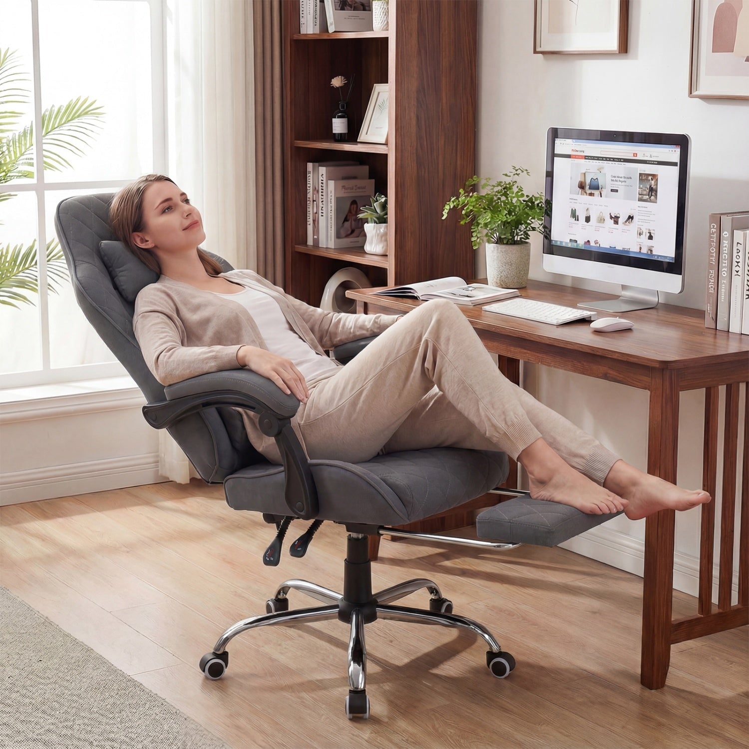 Gaming Chair Height Adjustable Computer Chair with Headrest and Lumbar Support-Gray