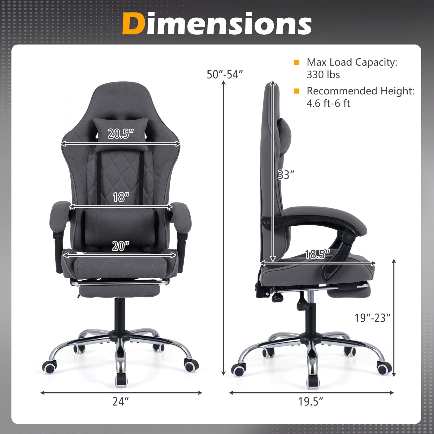 Gaming Chair Height Adjustable Computer Chair with Headrest and Lumbar Support-Gray