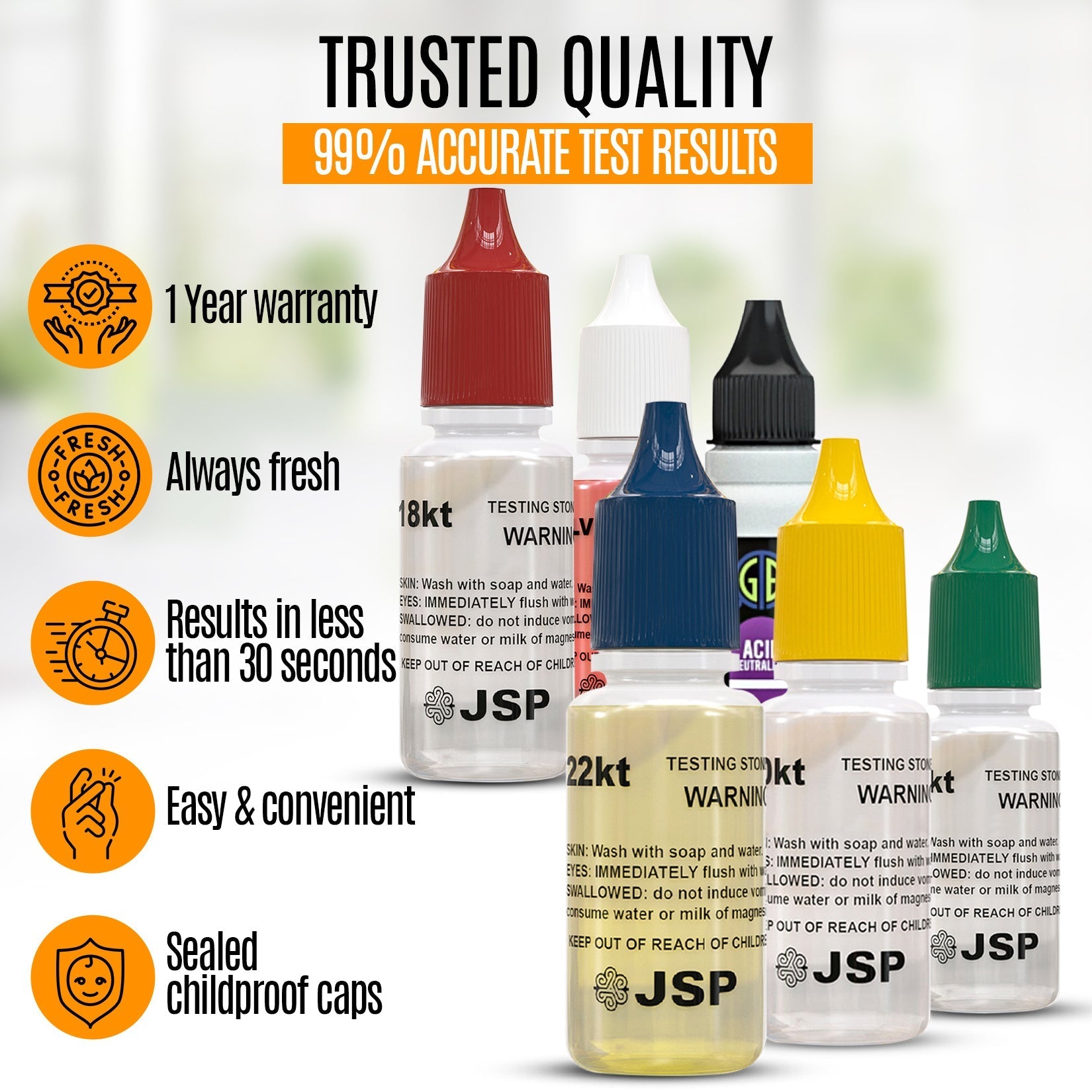 36 Bottles of JSP 14K & 36 Bottles of JSP 18K Gold Metal Test Acid Karat Testing Solution Jewelry Tester Metals Kit