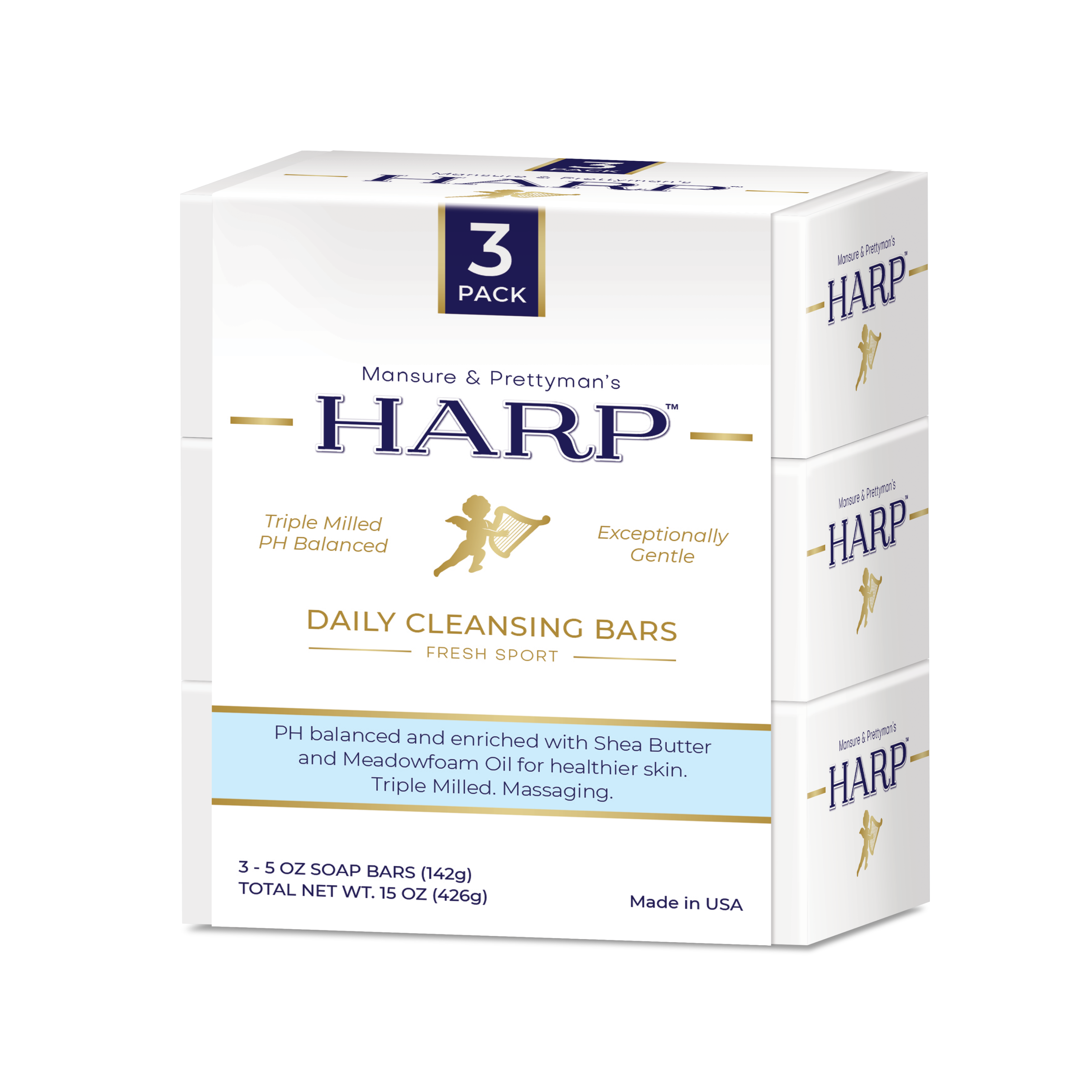 HARP® Fresh Sport Body Wash Bar – pH Balanced (5.0–6.0) Syndet Cleanser, Soap-Free & No Lye, Non-Comedogenic, Gentle for Sensitive & Dry Skin, With Shea Butter & Borage Oil