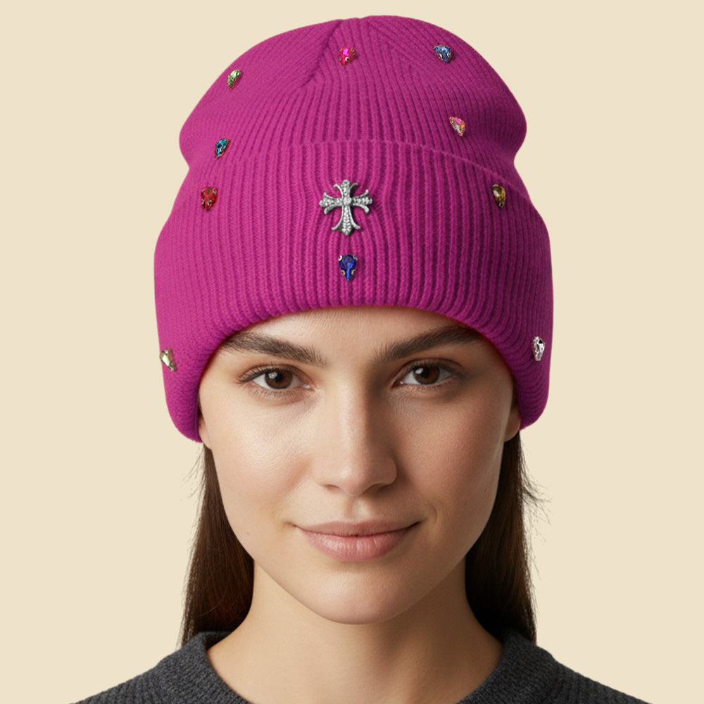 Rhinestone Cross Accent Teardrop Stone Cluster Embellished Knit Beanie Hat