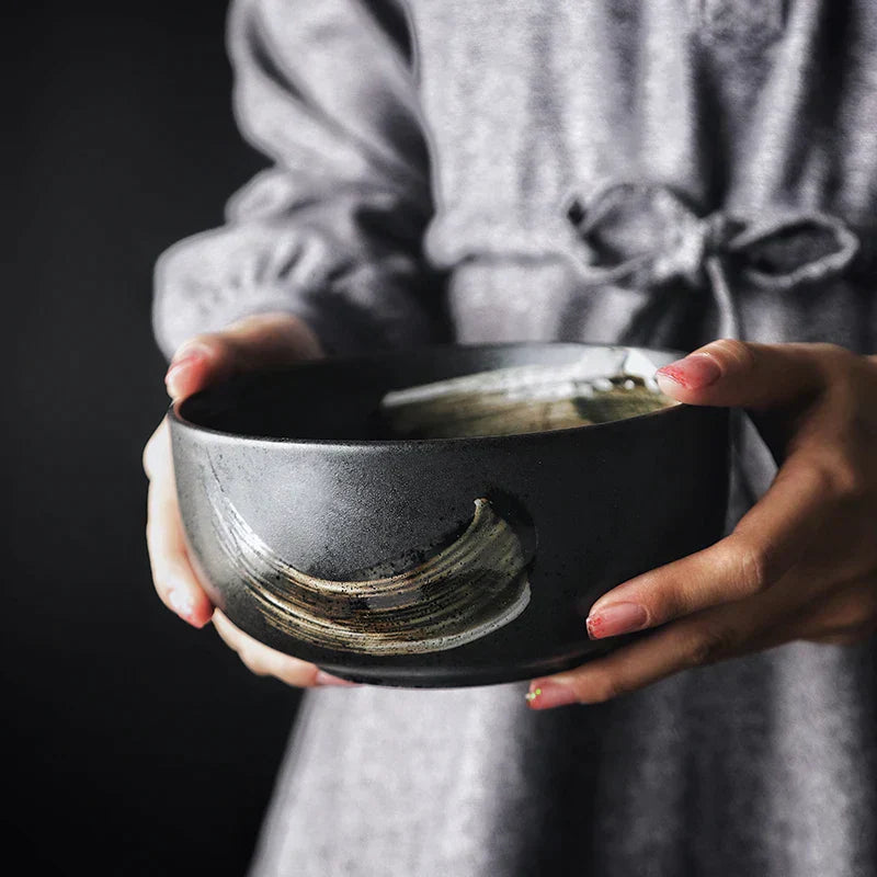 DecorBites™ Black Ceramic Sushi Plate and Rice Bowl Set