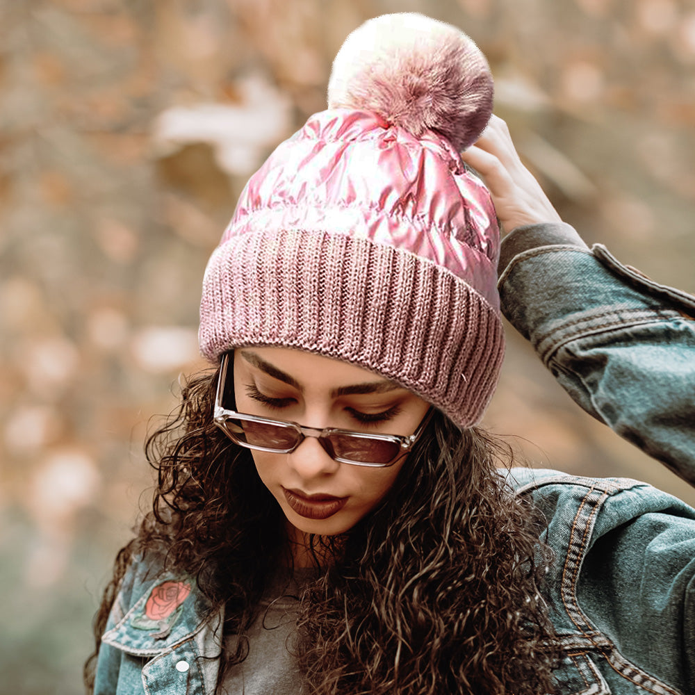 Fleece Lining Puffer Knit Pom Pom Beanie Hat