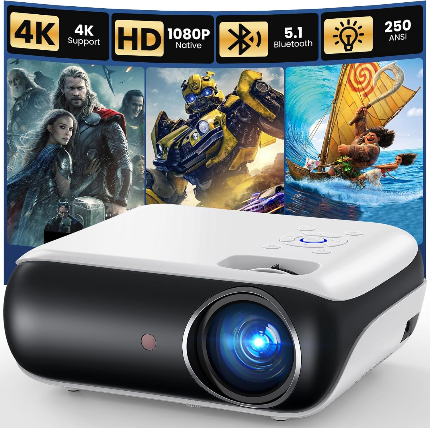 HAPPRUN Native 1080P Projector, Bluetooth Home Theater Movie Projector with Built-In Speaker, Compatible with Smartphone, HDMI, Fire Stick, PS5, Indoor & Outdoor Use - without Google TV System