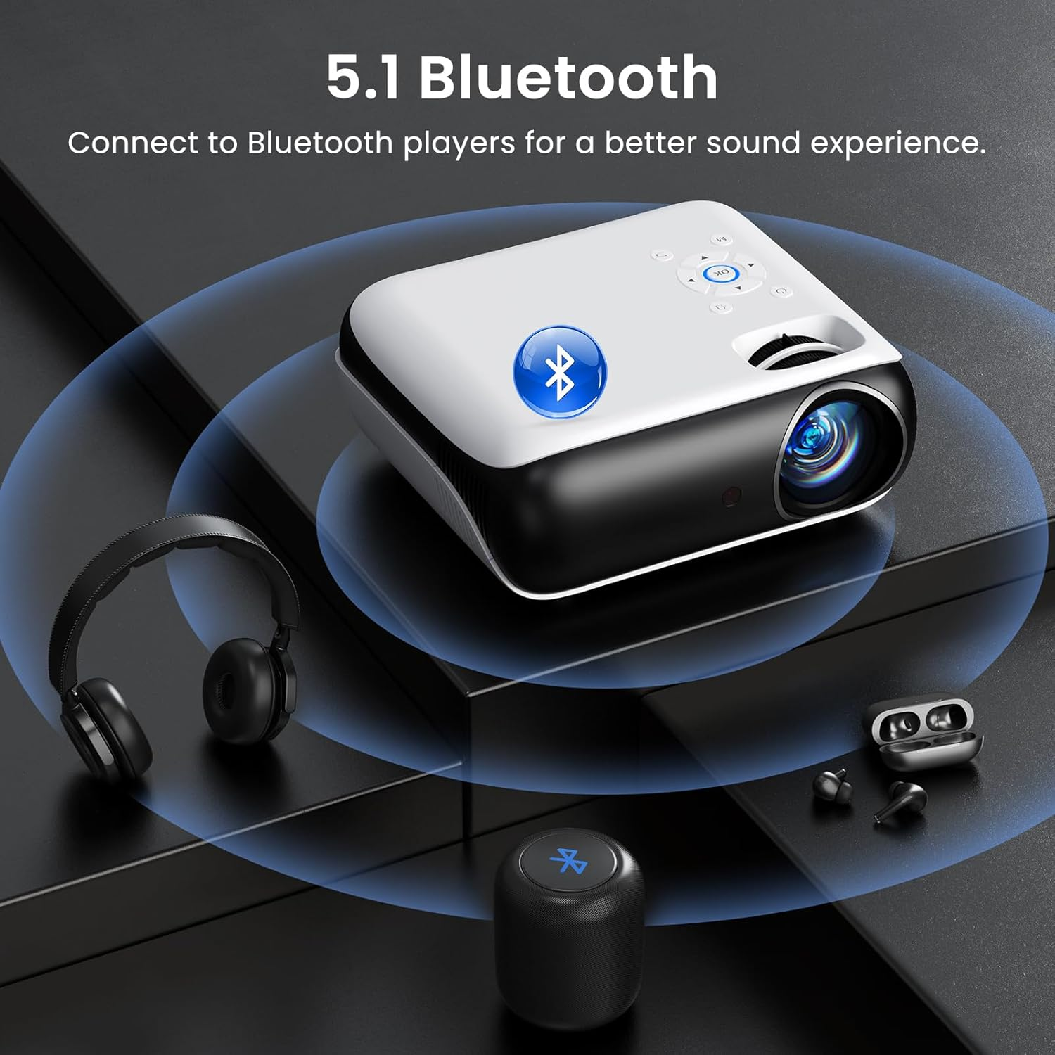 HAPPRUN Native 1080P Projector, Bluetooth Home Theater Movie Projector with Built-In Speaker, Compatible with Smartphone, HDMI, Fire Stick, PS5, Indoor & Outdoor Use - without Google TV System