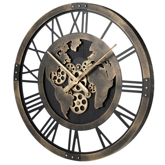 Large Wall Clock 27" Gear Clock with World Map-Brown