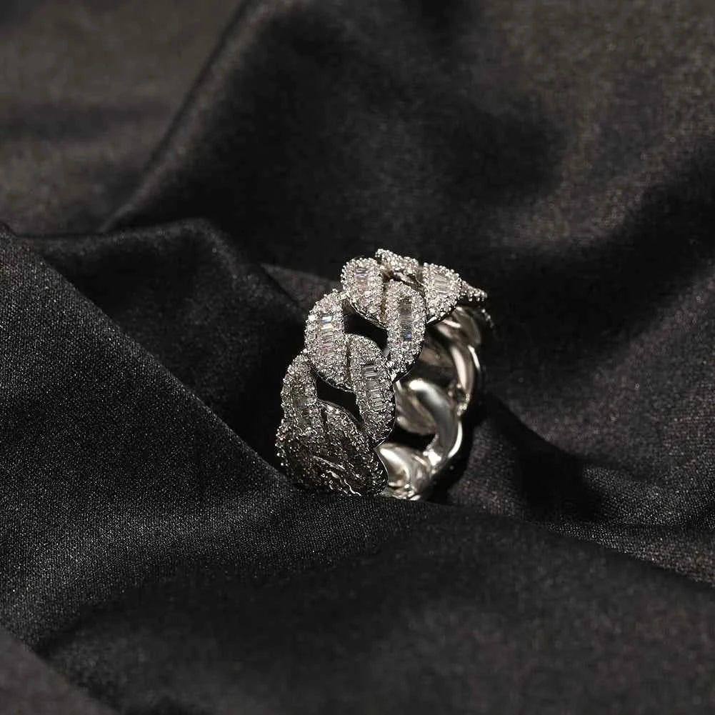 Cuban Link Rings Iced Out Baguettes Ring Men Cubic Zircon