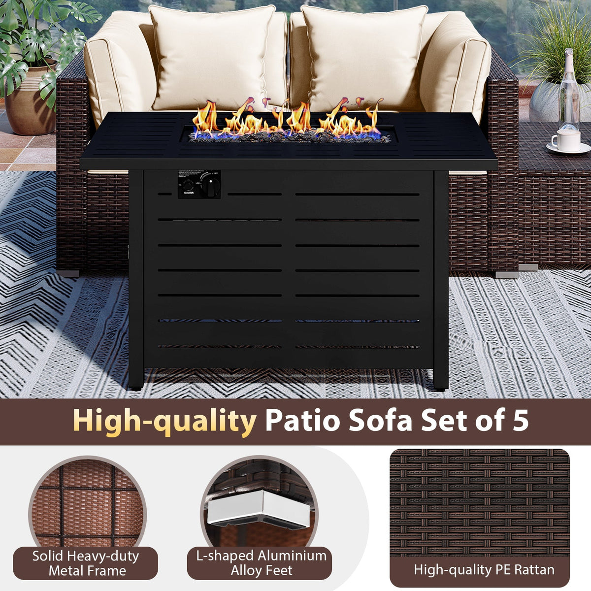 Heavy-duty Frame Rattan Sofa Set with 60000 BTU Firepit Table