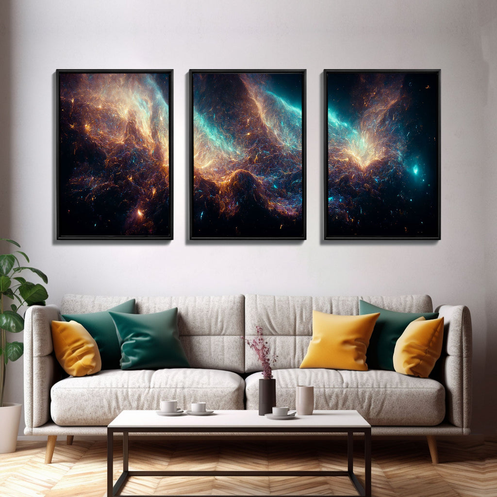 Galaxy of Stars, Scifi, String Theory, 3 Piece Wall Art, Ready To Hang Canvas Print, Cool Living Room Wall Art Decor
