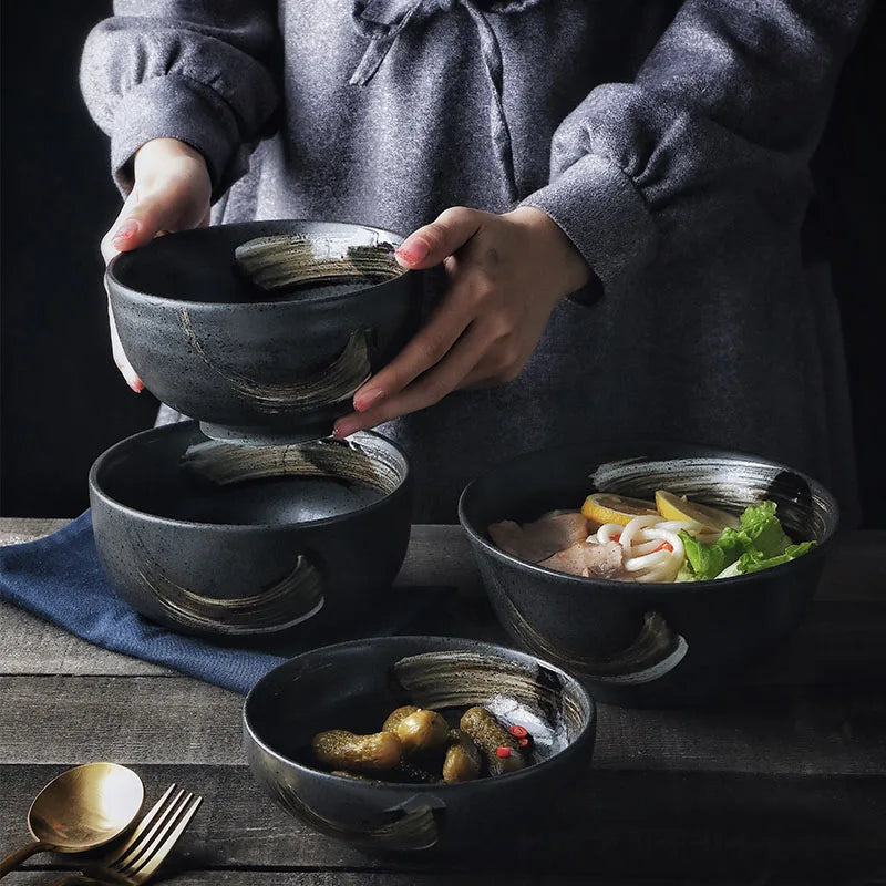 DecorBites™ Black Ceramic Sushi Plate and Rice Bowl Set