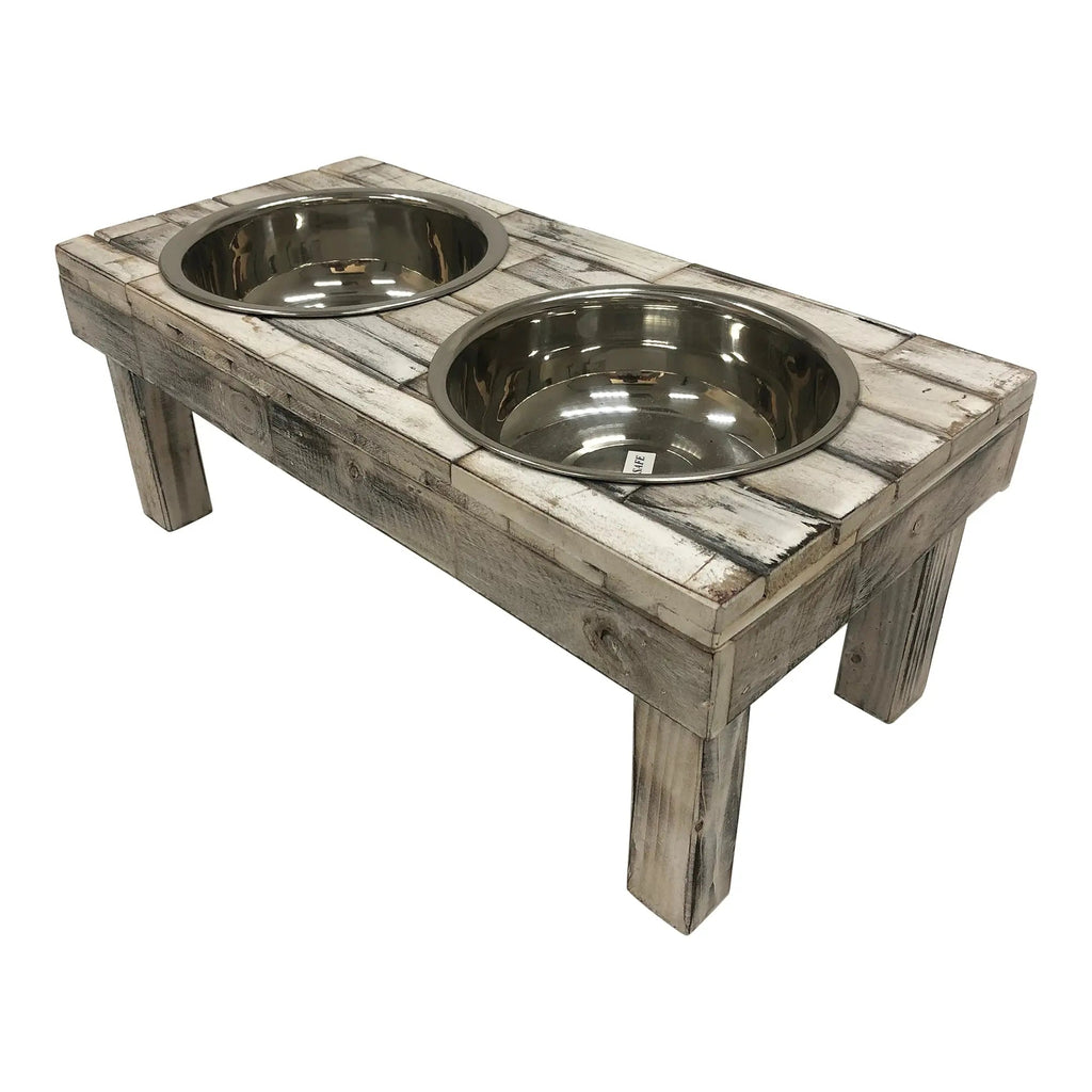Huntley Pet Berjen Table Elevated Double Bowl Pet Feeder, White Wash