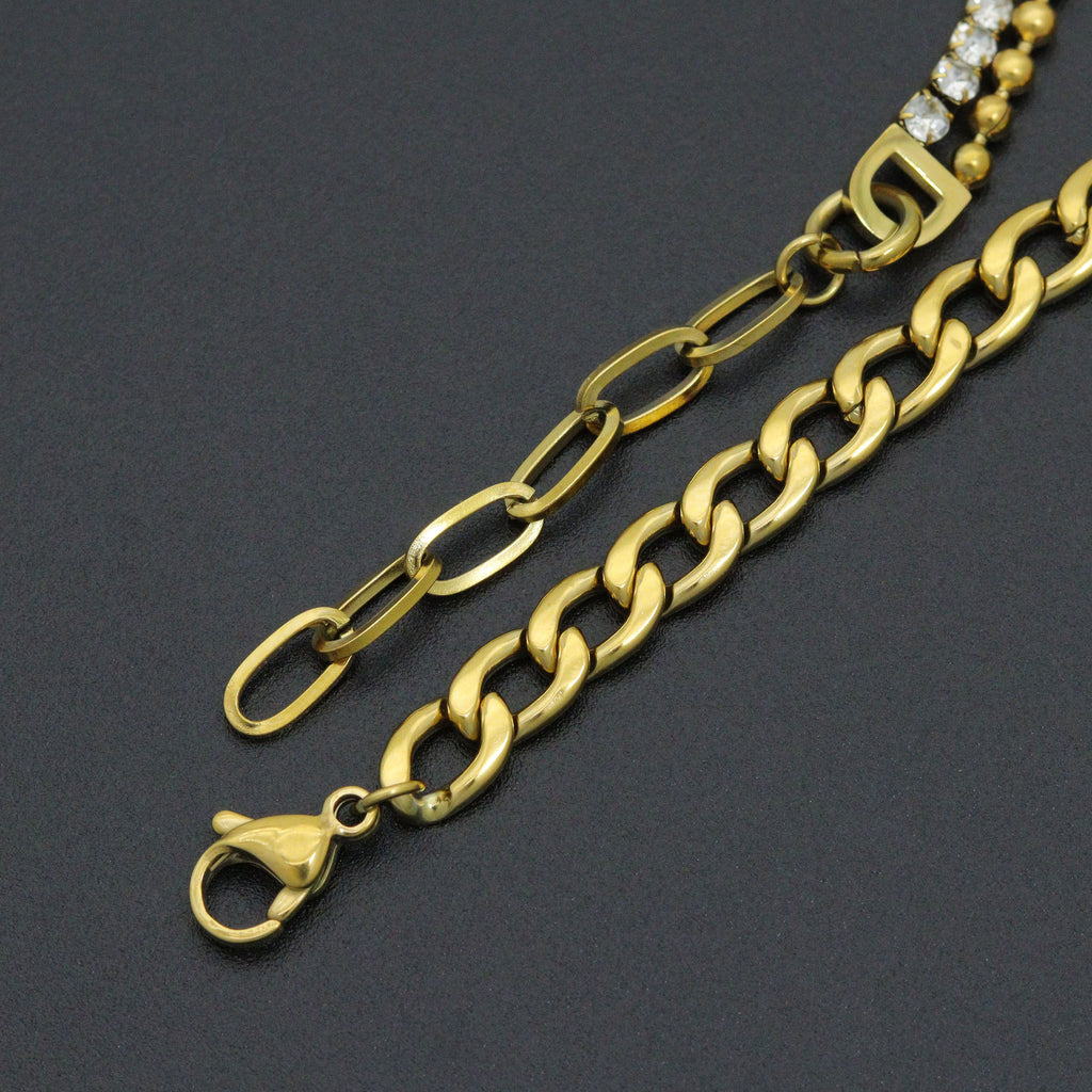 Stainless Steel Gold Cuban Link Chain CZ Ball chain Adjustable Bracelet, Sku#BXG22