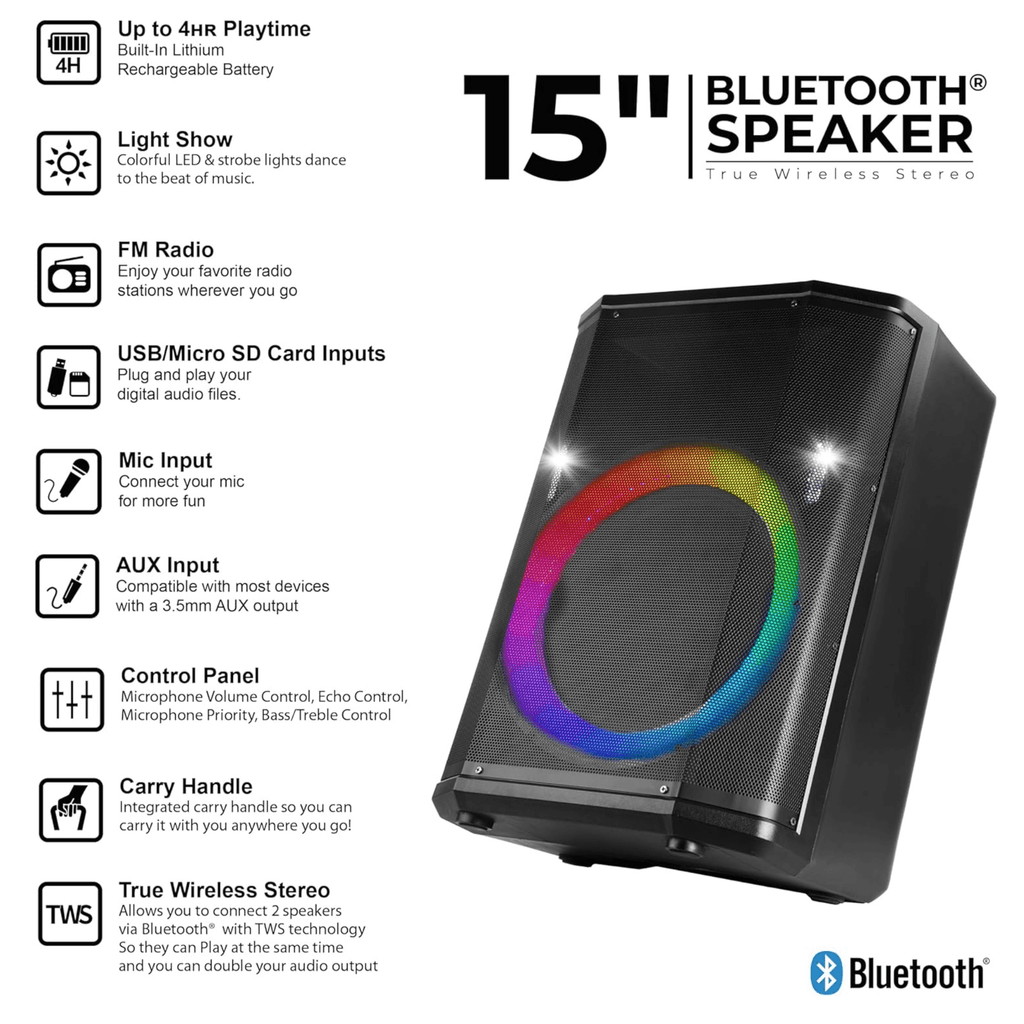 IQ Sound 15-Inch Portable BT Speaker with Tiltable Audio Enhancement