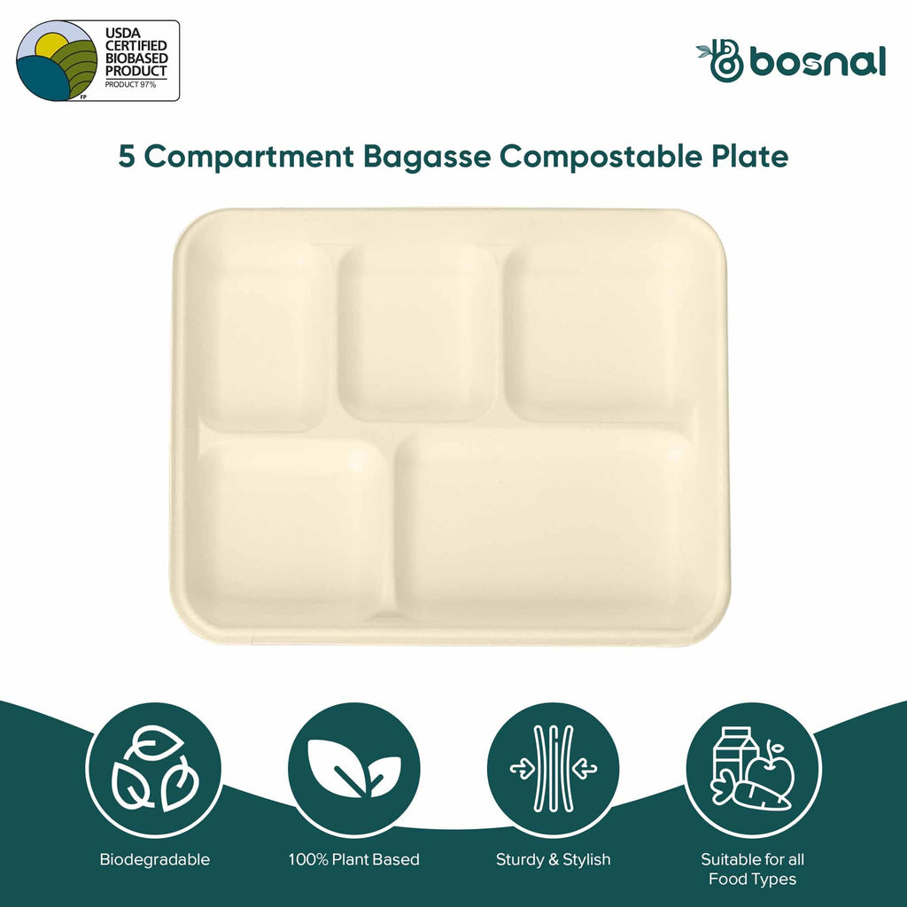 Bosnal - Sugarcane Bagasse Compostable 5-Compartment Food Trays - Case of 16 (400 Pcs)