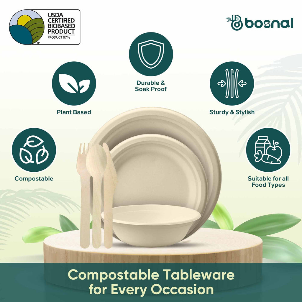 Bosnal – Sugarcane Bagasse Compostable 10 inch & 7 inch Round Plates with 16 Oz Bowls and Cutlery