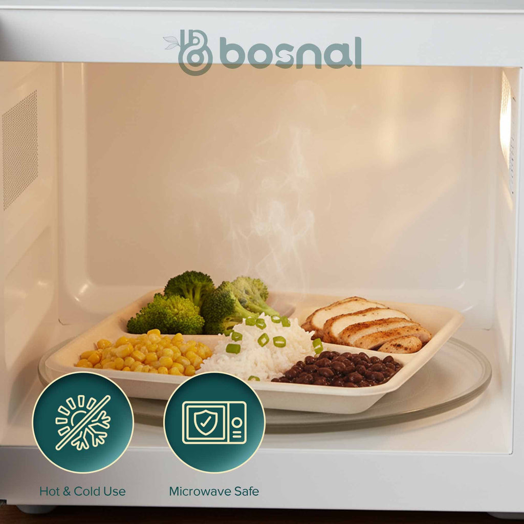Bosnal - Sugarcane Bagasse Compostable 5-Compartment Food Trays - Case of 16 (400 Pcs)