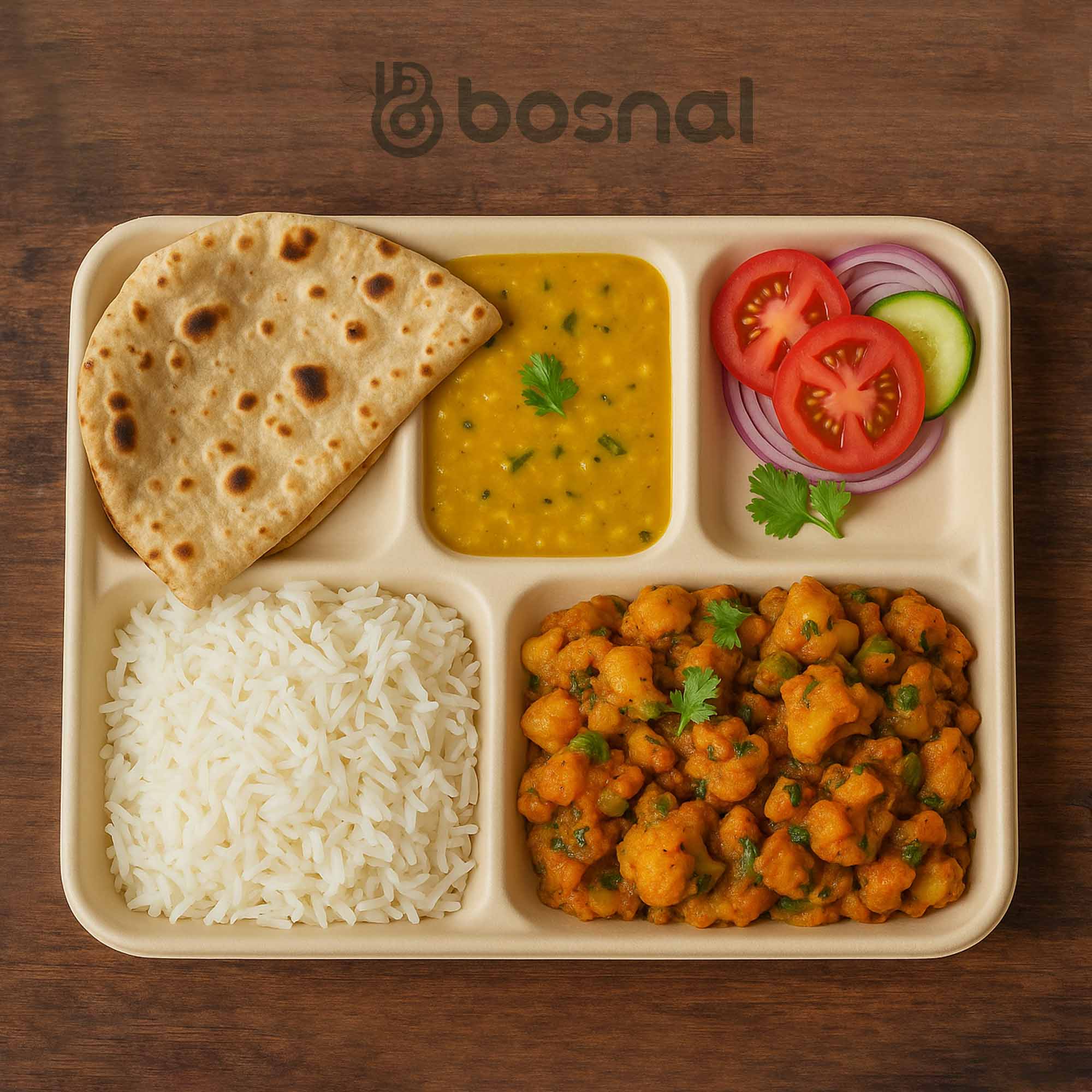 Bosnal - Sugarcane Bagasse Compostable Trays, 10 inch 5-Compartment, Rectangle