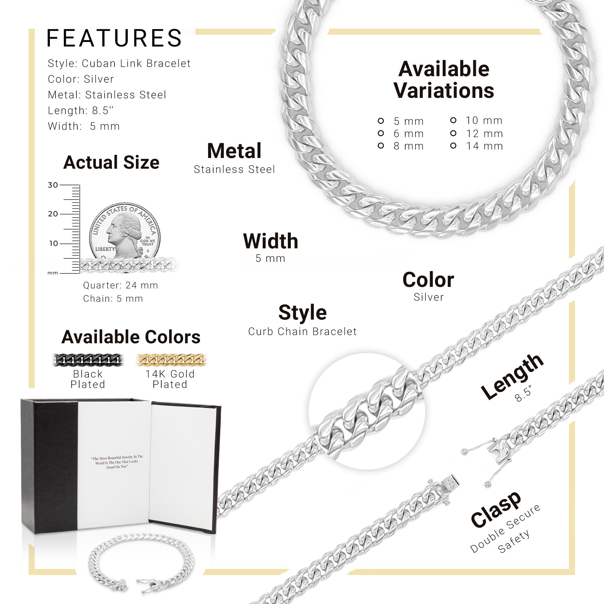 Cuban Link Chain Silver Curb Bracelet 8.5" Stainless Steel Men Jewelry