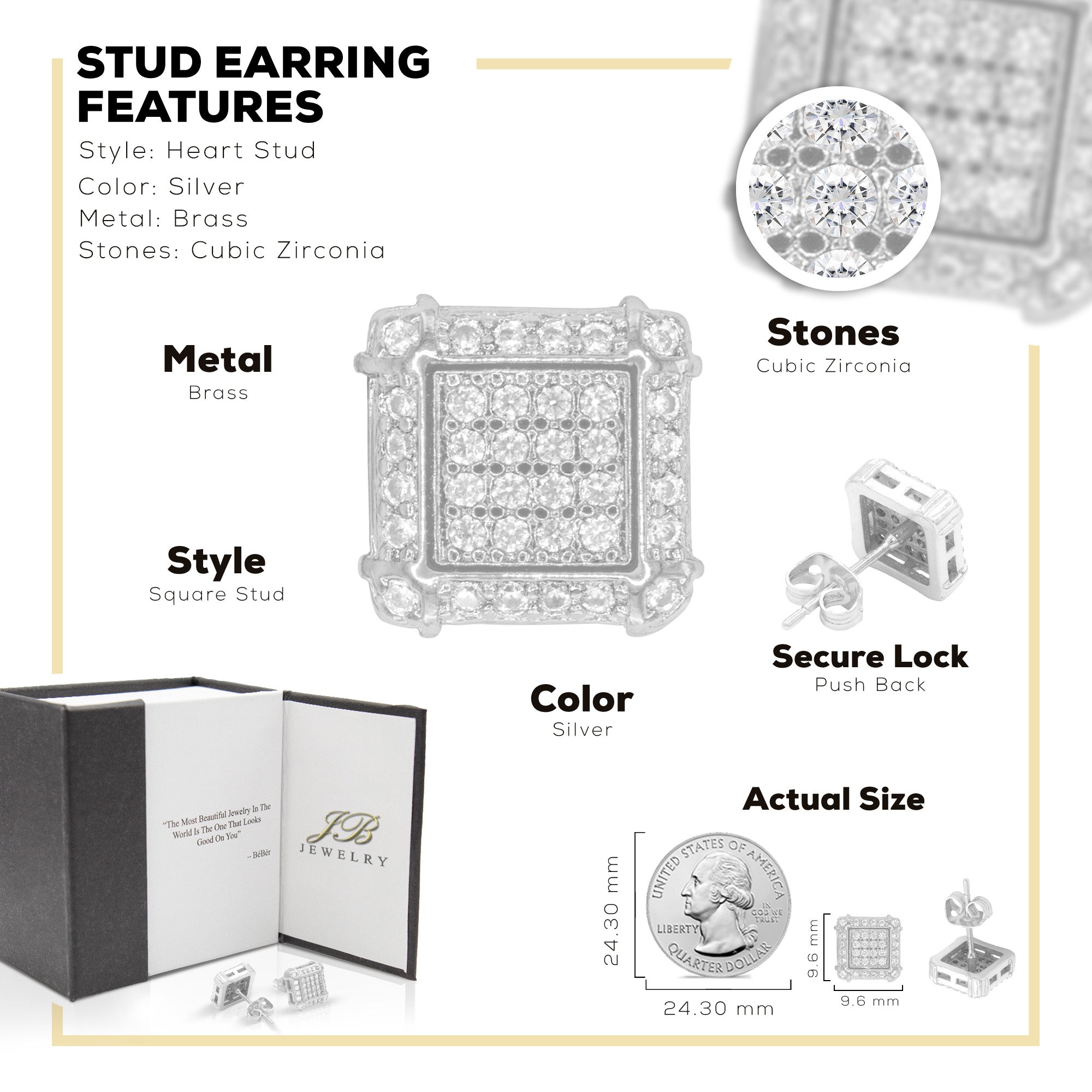 Square 10 Cubic Zirconia Earrings 14K Gold Filled Silver Hip Hop Studs Jewelry Women Men