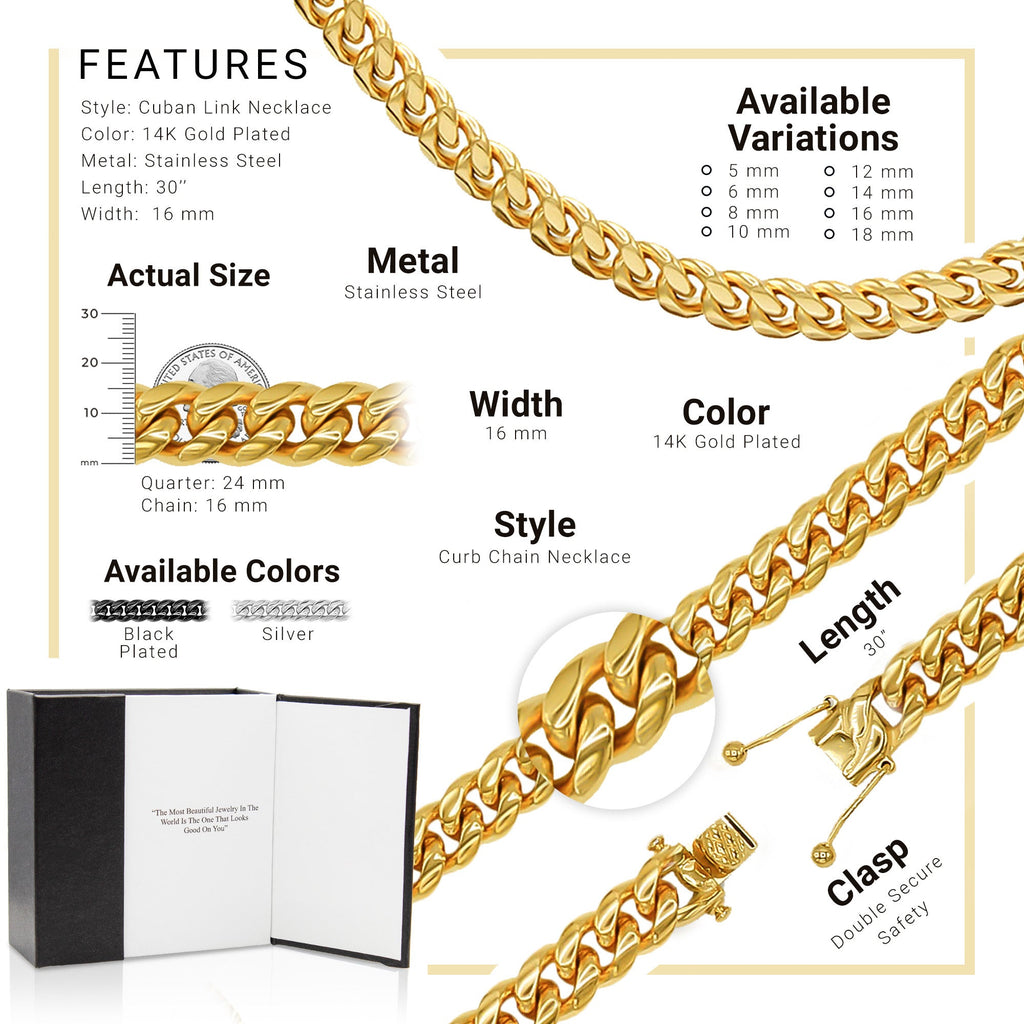Cuban Link 14K Gold Plated Necklace 30" For Men