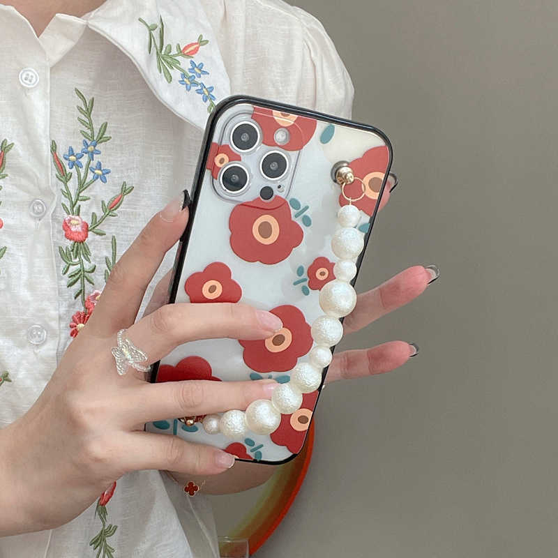 RAMODO Korean Floral Pearl Strap iPhone Case
