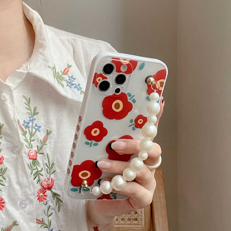 RAMODO Korean Floral Pearl Strap iPhone Case